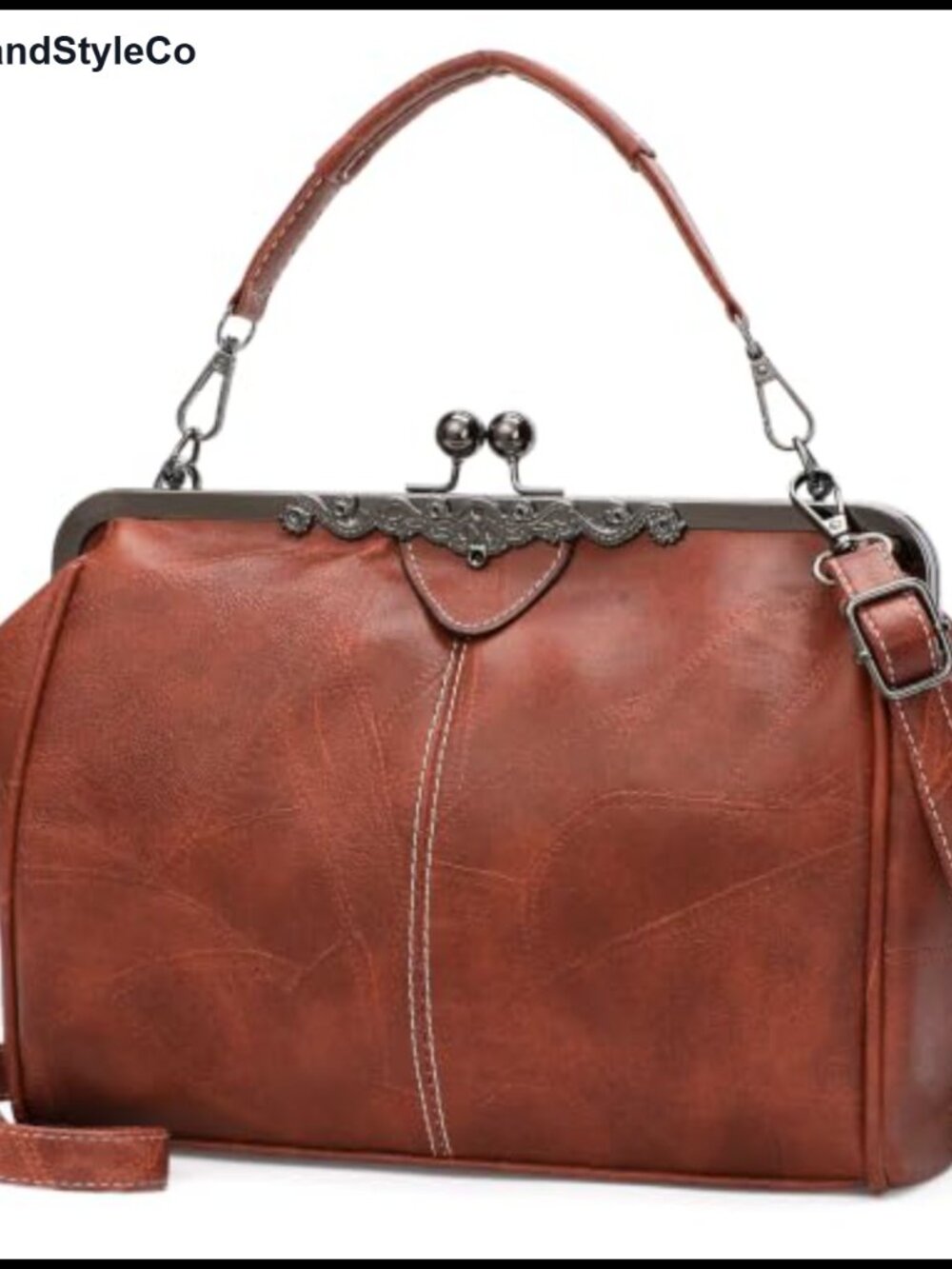Vintage PU Leather Crossbody Handbag with Kiss Lock and Detachable Straps